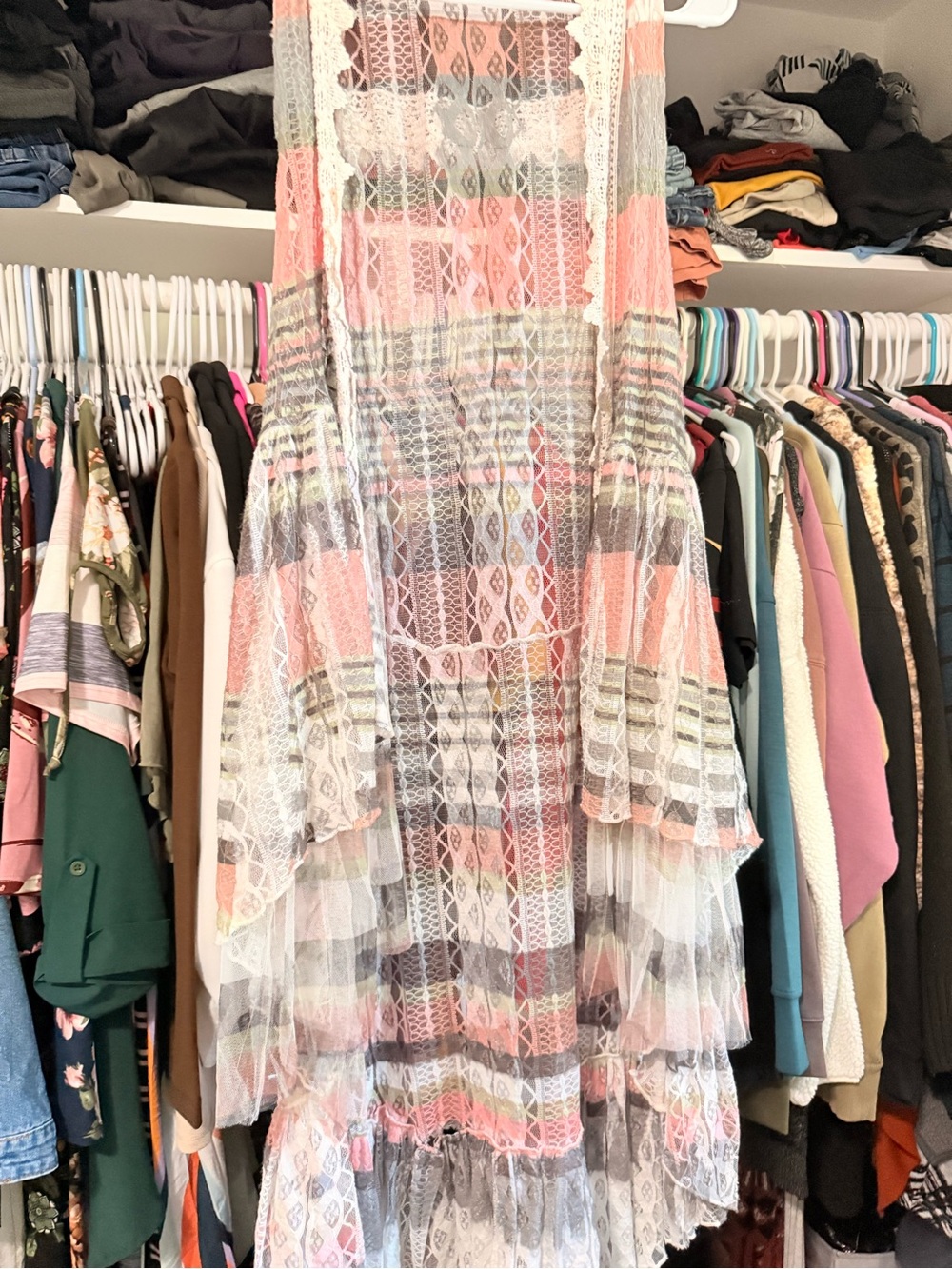 Sheer Tiered Lace Maxi Vest in Pink and Gray — Lightweight Layering Vest